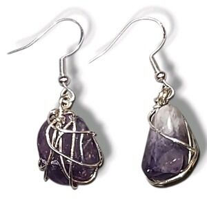 Sterling Silver 925 Wire Wrapped Amethyst Stone Dangle Earrings Artisan
